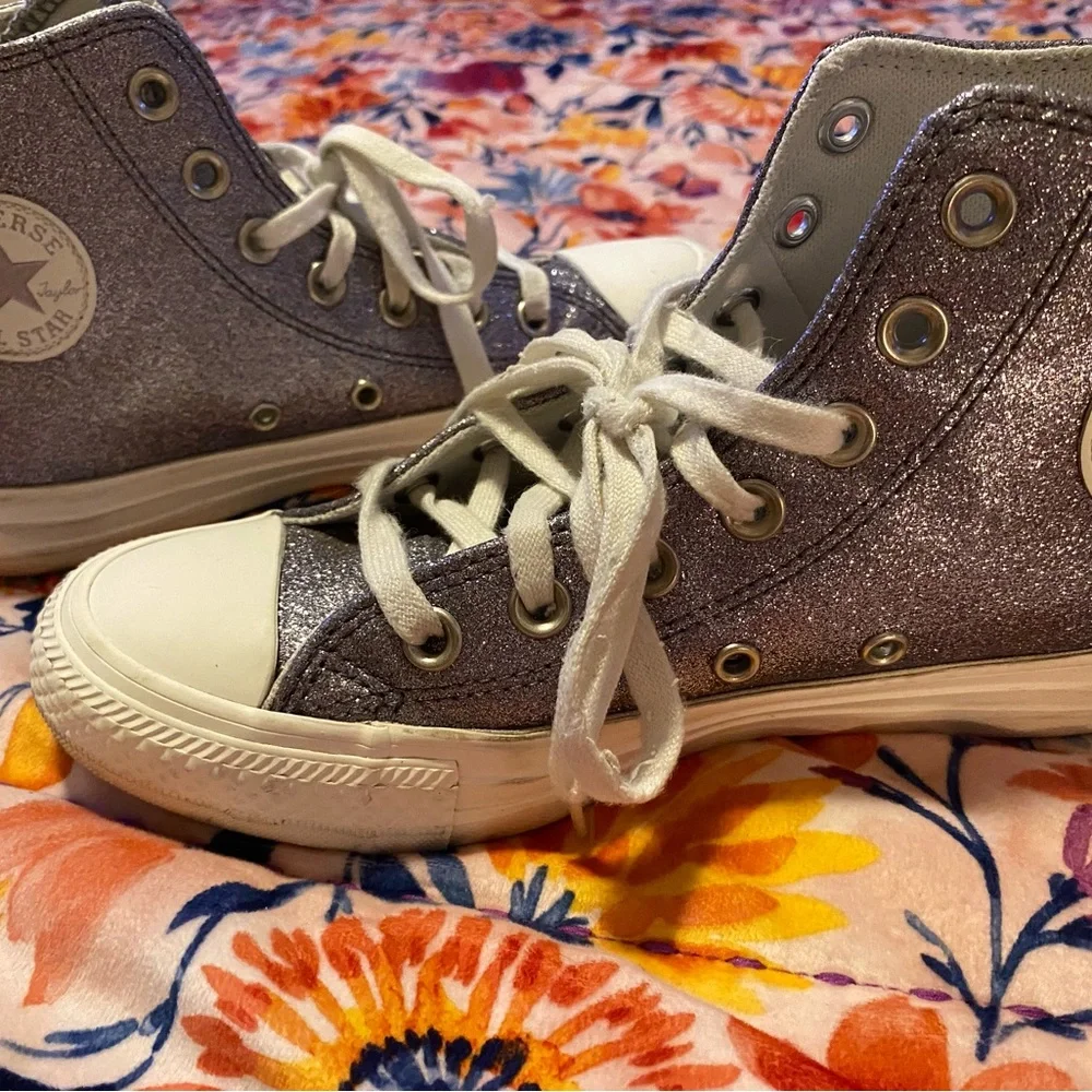 Converse Women’s Glitter High-Top Sneakers - Silver & Lavender Sz 6